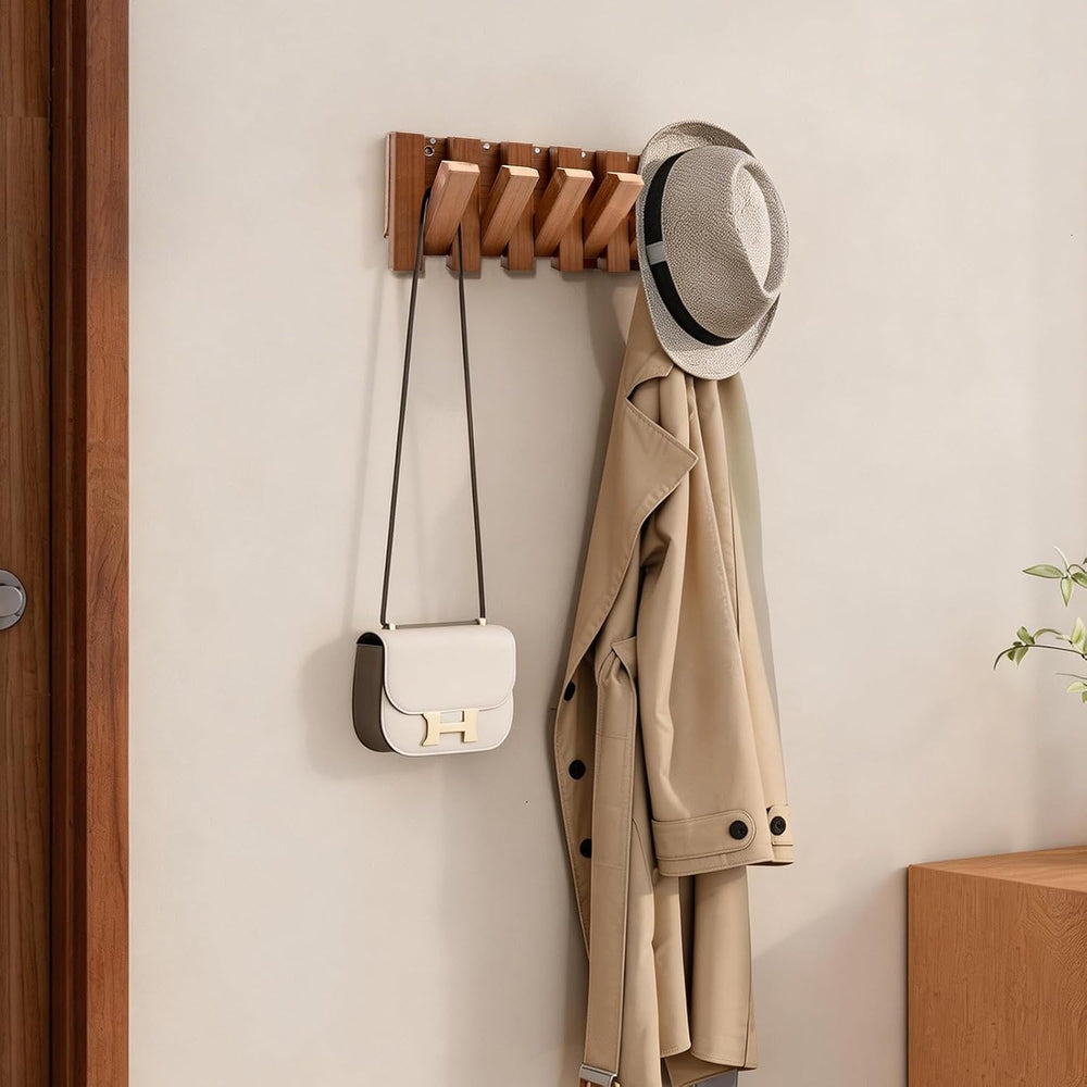 Coat Rack Wall Mount, Fold-Away Resin imitation wood Coat Hooks - 6 Hooks
