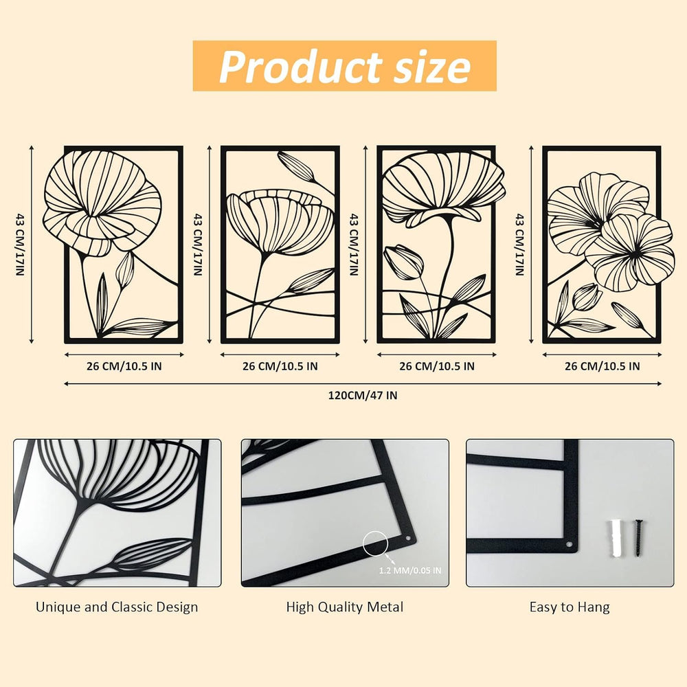 ESTART 4Pcs Metal Lotus Wall Decor Abstract Floral Line Art Sculpture