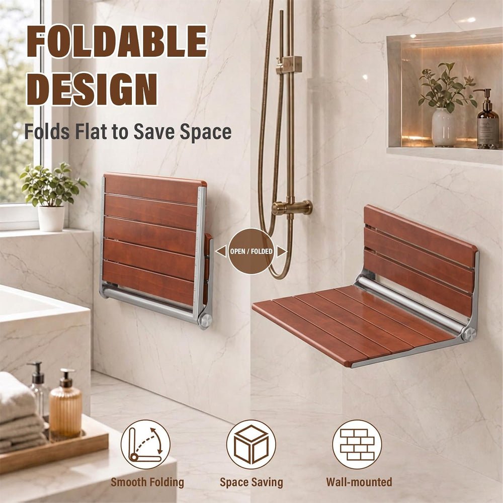 20" Folding Shower Seat Wall Mounted, Foldable Teak Shower Bench, Max 440lb