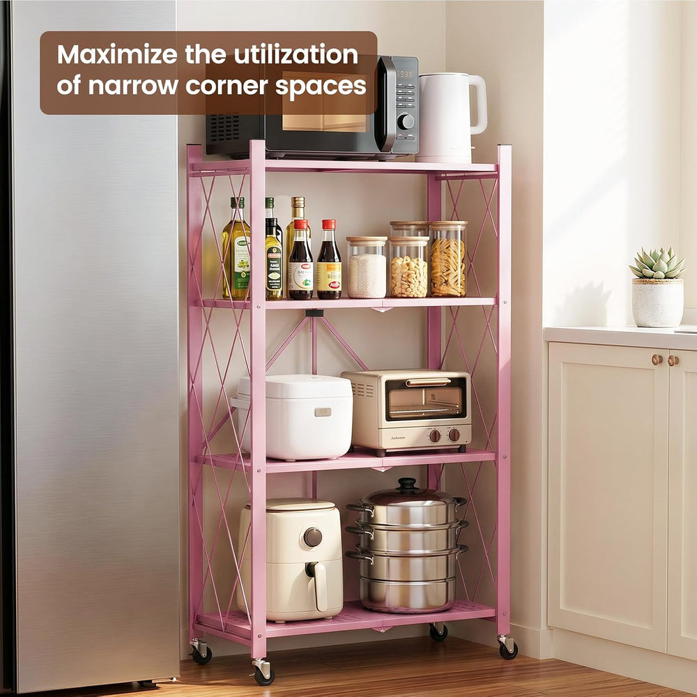ALANNG 4 Tier Folding Shelf with Wheels, No Assembly Metal Storage Rack
