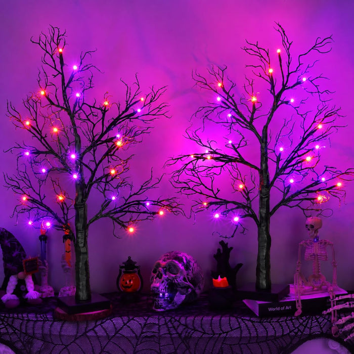 [Timer] 2 Pack Halloween Decorations Indoor, 24 Inch Lighted Black Halloween Tree with 24 Orange & Purple Lights, USB or Battery Powered Spooky Tabletop Tree for Home, Party, Fireplace & Holiday Decor