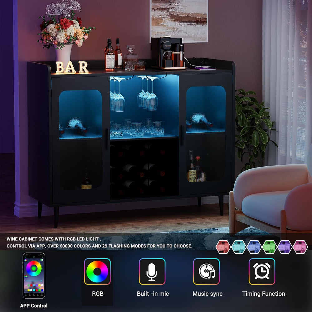 Coffee Bar Cabinet with Power Outlets and LED Light, Black