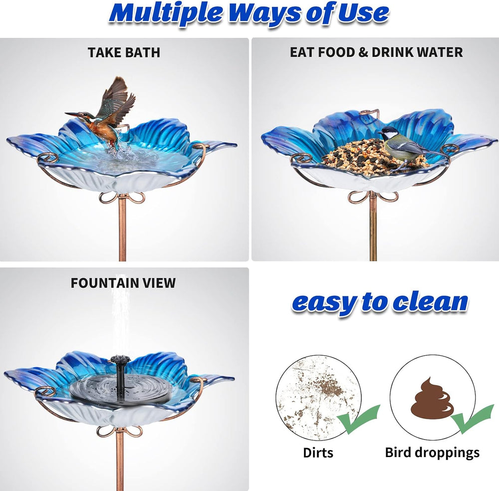 MUMTOP Glass Bird Bath Outdoor Birdfeeder Blue Flower Bowl with Metal Stake
