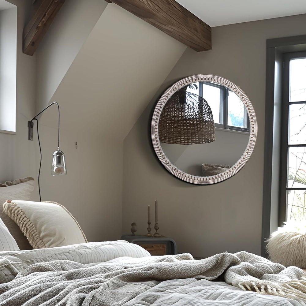 24 Inch Round Wood Mirror, Rustic Farmhouse Circle Mirrors for Wall Decor