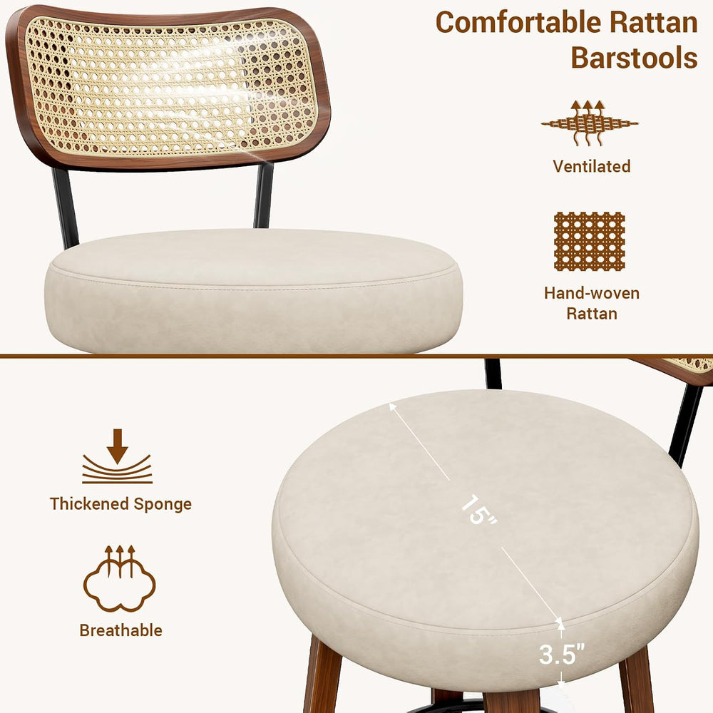 YaFiti 26" Bar Stools Set of 2 with Rattan Backs, Cream White