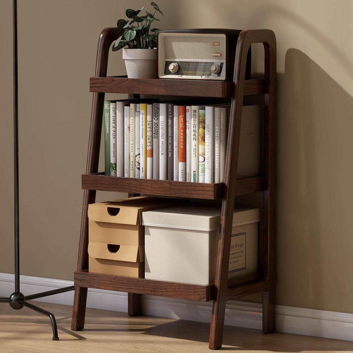 Solid Oak Small Bookshelf, 3 Tier Ladder Shelf Walnut Bookcase