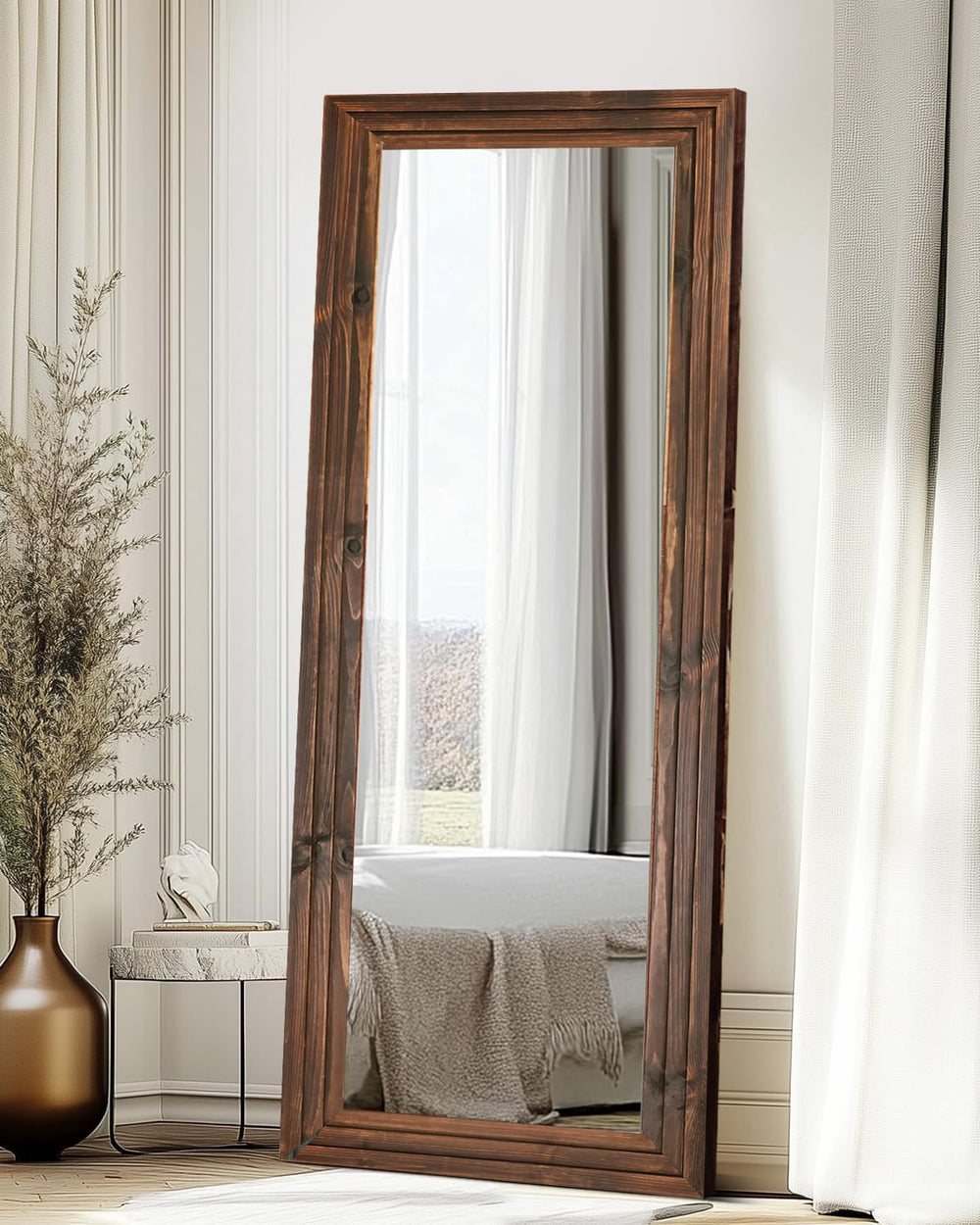 65x24in Full Length Mirror, 3-Tier Stepped Solid Wood Frame, Brown
