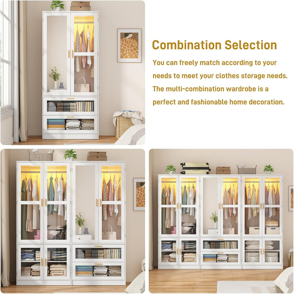 2 Doors Armoire Wardrobe Closet with LED and Mirror,71" H Freestanding W...