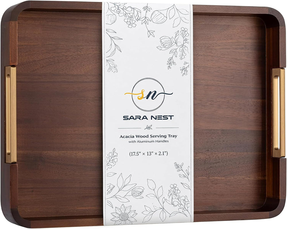 100% Acacia Wooden Serving Tray with Gold-Tone Aluminum Handles