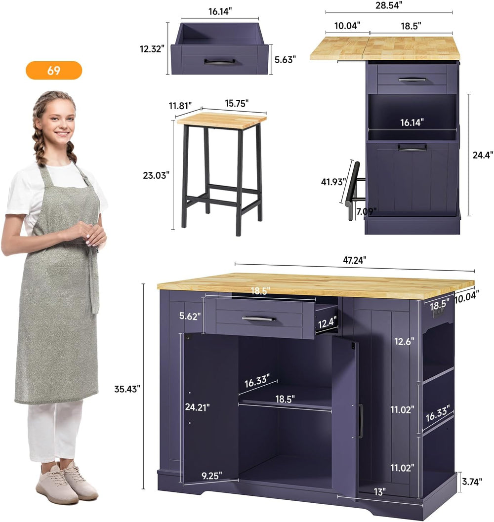ONBRILL 47" Kitchen Island with Trash Can Storage, Include 2 Chairs, Blue
