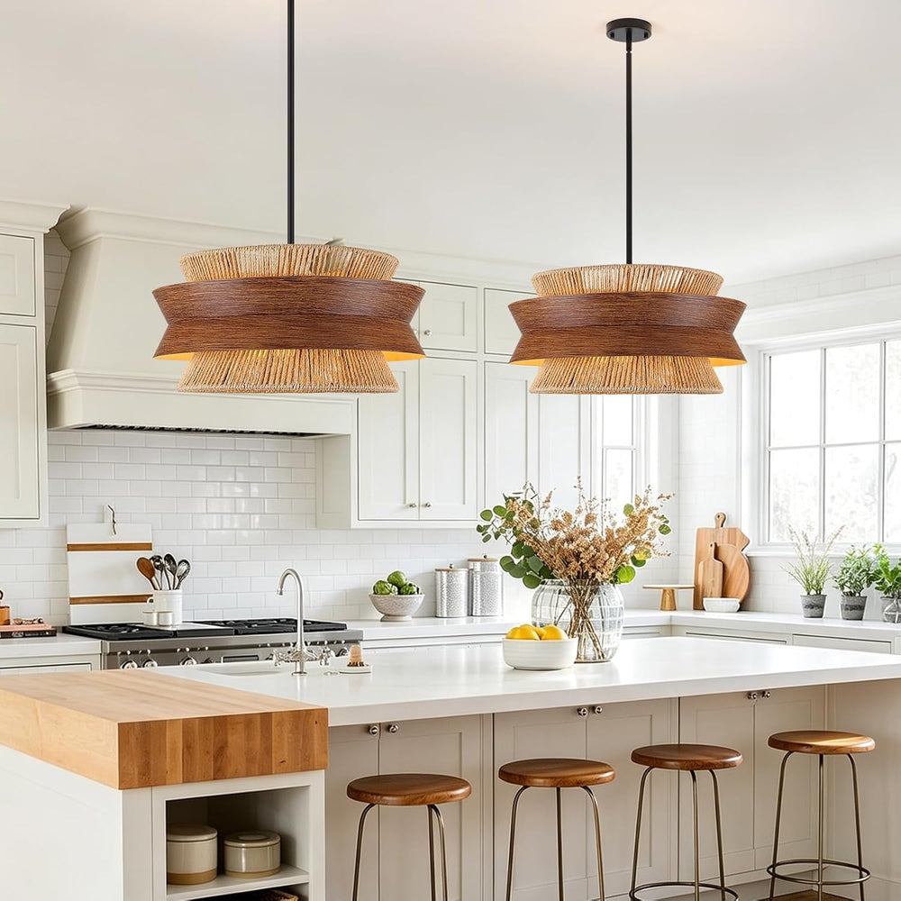 23.6" Rattan Chandelier with Wood Texture for Dining Room