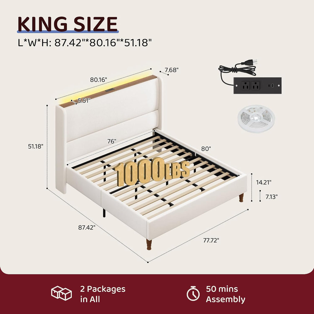 BRELTAM King Size Bed Frame with 51.2" Tall Headboard Wingback Linen Uph...