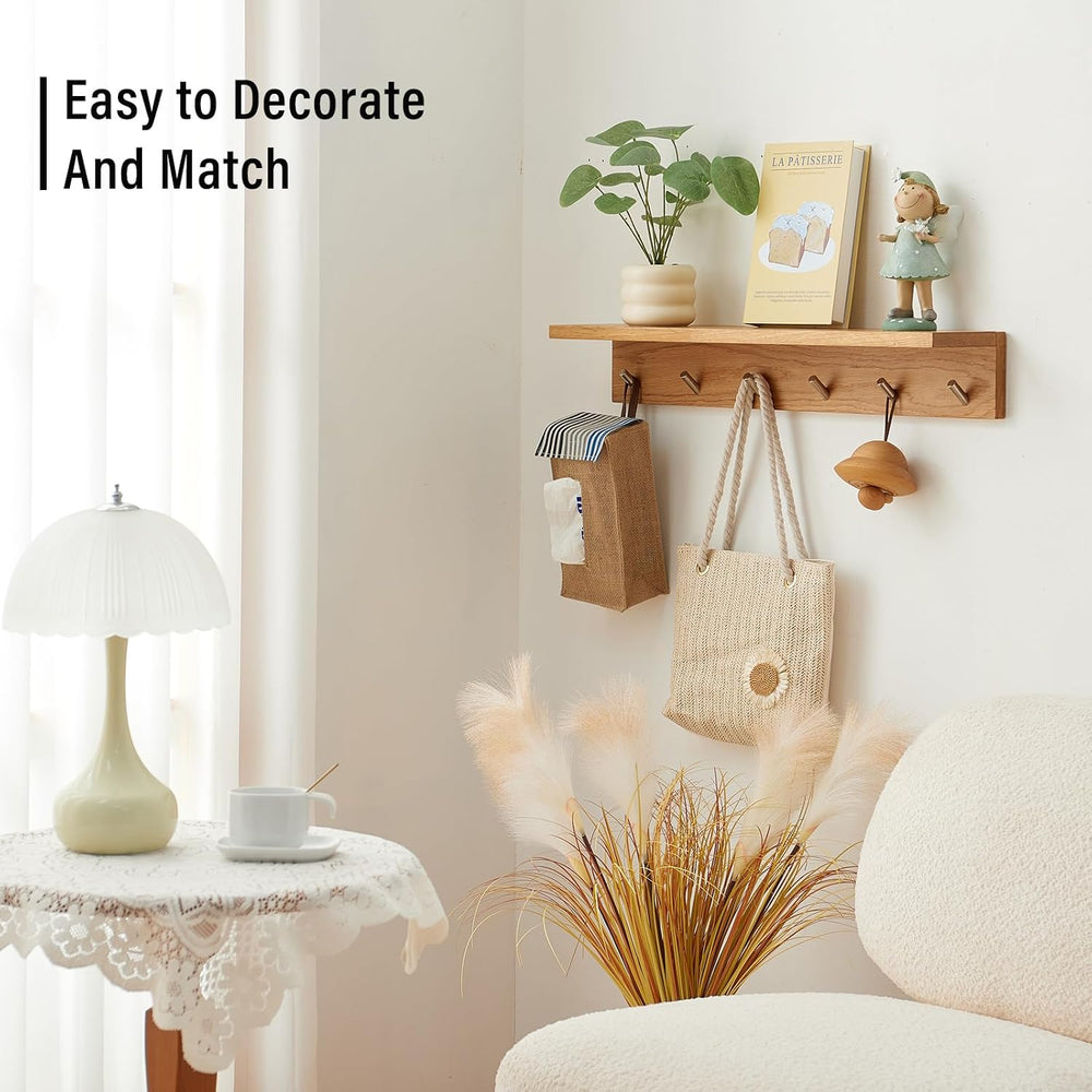 Wall Hooks with Shelf Oak Wood Coat Rack Shelf Wall Mounted, Entryway Shelves...