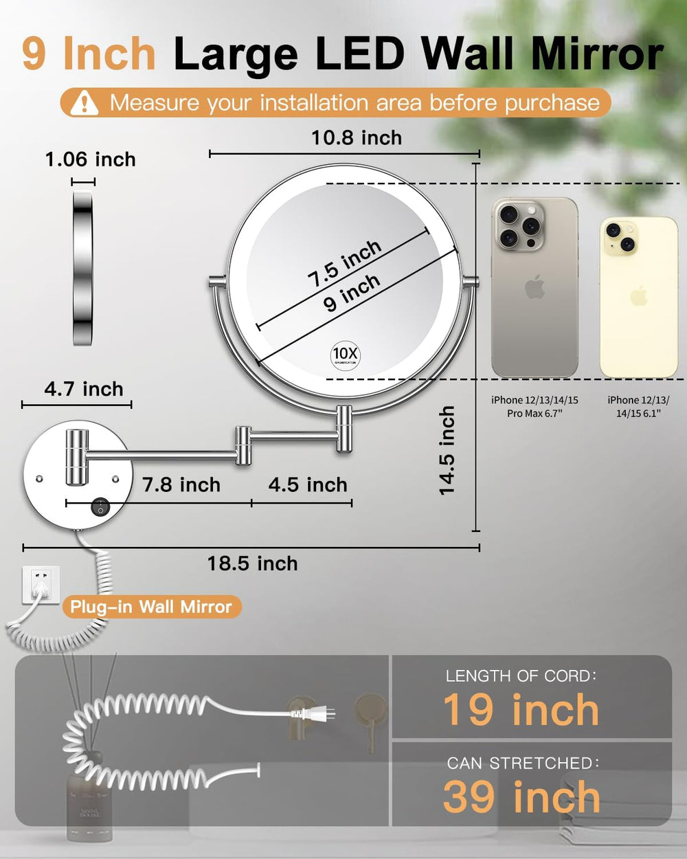 Gospire 9” Wall Mounted Lighted 1X/10X Magnifying Mirror with Touch Sensor