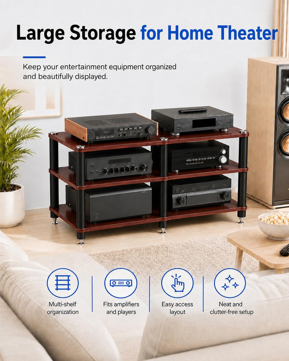 3 Tier Heavy Duty AV Media Stand, Stereo Stands and Racks, Teak