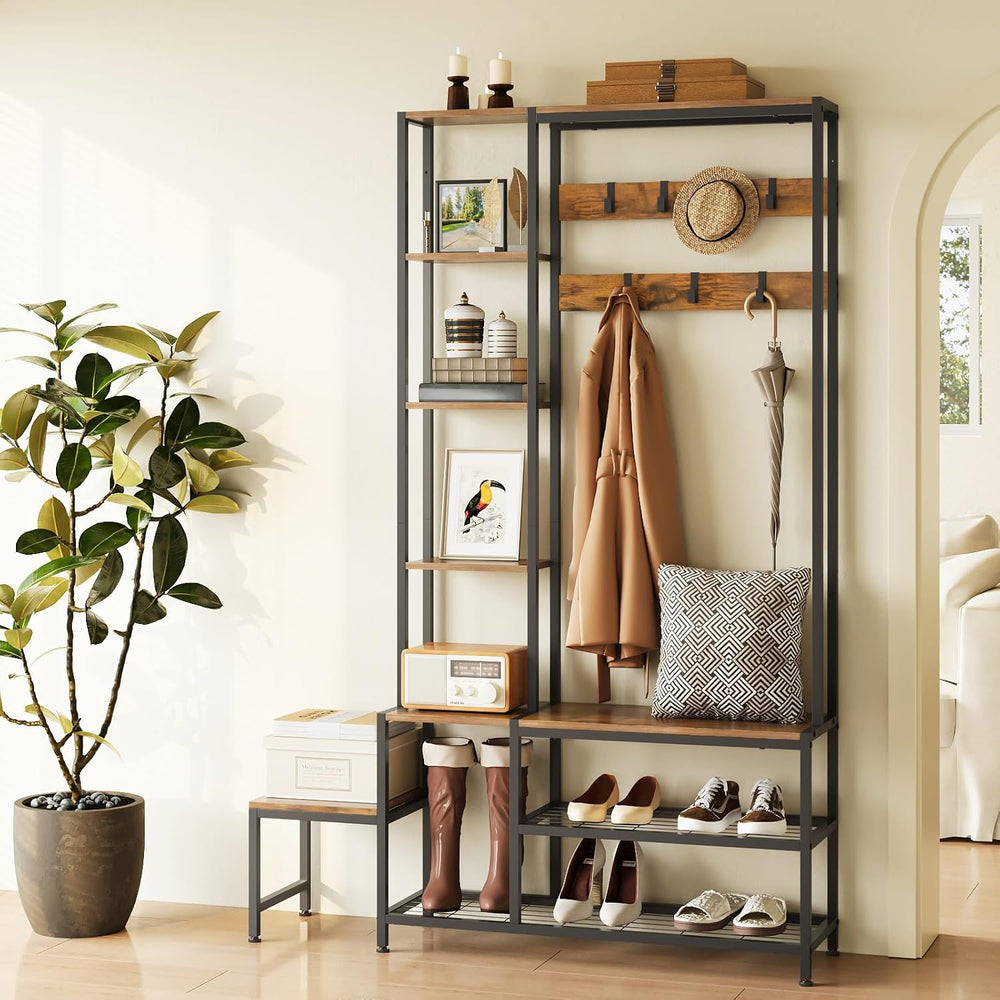 Hall Tree with Shoe Storage Bench, Coat Rack with 7 Hooks & Shelves