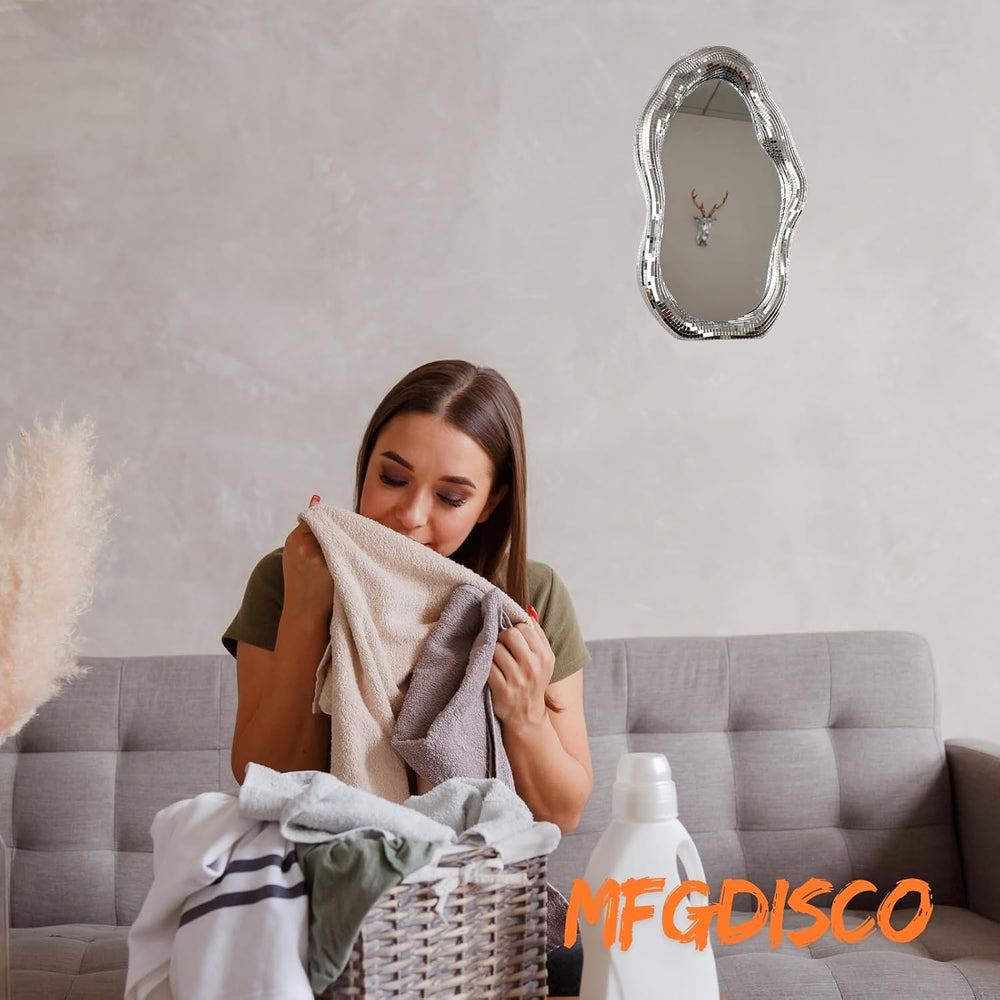 Wavy Disco Mirror, 16in Silver Tabletop Wall Decor with Stand