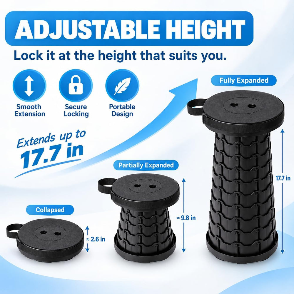 Foldable Telescoping Portable Stool, 2-Pack, Adjustable Height (Black)