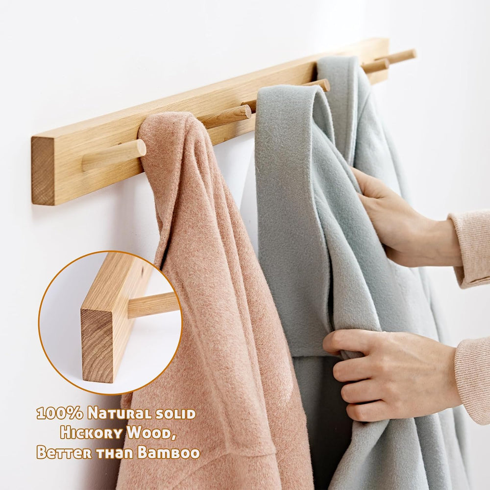 Wall Mounted Coat Rack 24 inches, Hickory Wood Wall Coat Hooks with 6 Hooks, ...