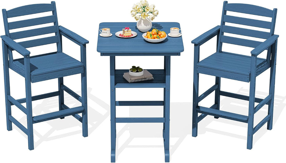 SERWALL 3 Pcs HDPE Bar Height Chairs and Double Layer Pub Table Set, Blue
