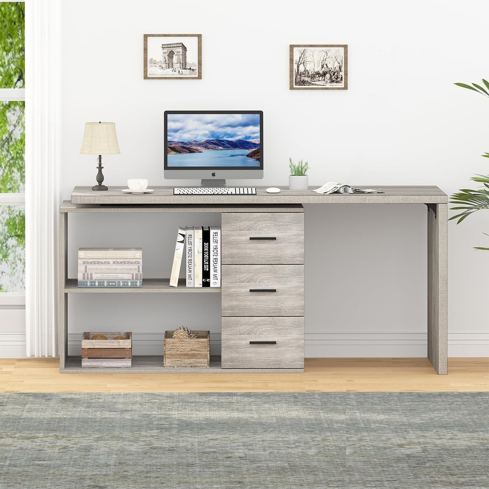 HSH Grey L Shaped Computer Corner Desk with 3 Storage Drawers 60 inch