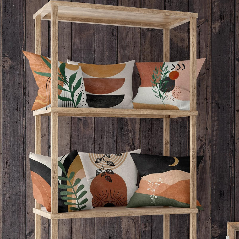 Boho Mid Century Modern Throw Pillow Covers Set of 6, Sun Moon Leaves Arch Ab...
