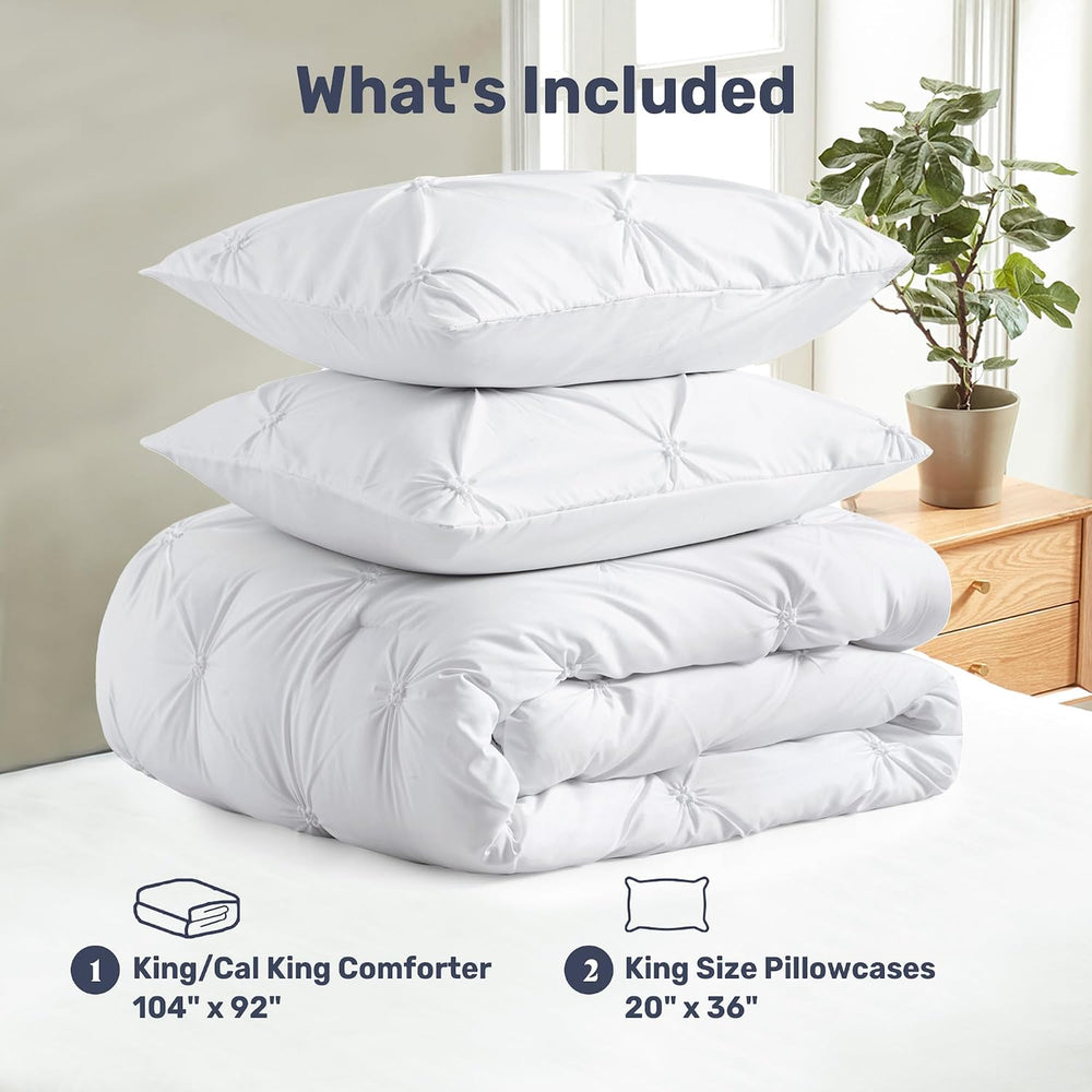 UNIKOME King Size Comforter Set White - Ultra Soft Boho Pintuck Down Alternat...