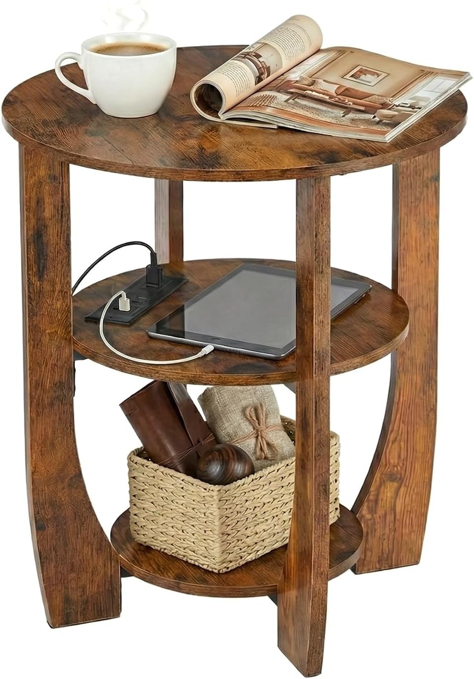 Round Side Table with Charging Station,19.7" D,Rustic Brown