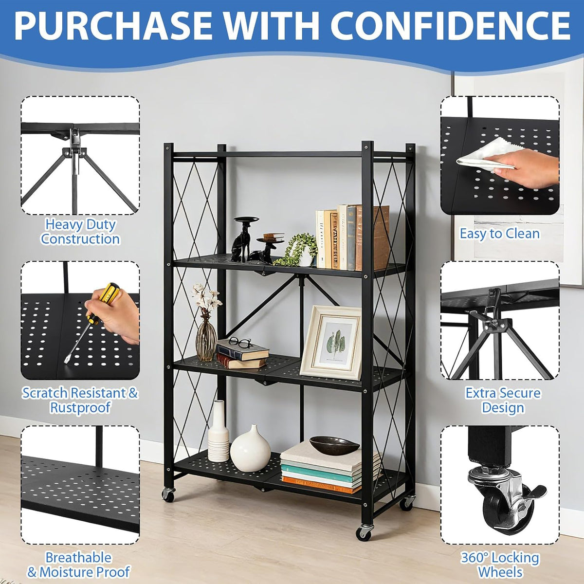 4-Tier Foldable Storage Shelf with Wheels, Metal Collapsible Shelving Unit, Heavy-Duty Rolling Cart for Kitchen Pantry Garage Office, Pre-Assembled Organizer Rack – Black