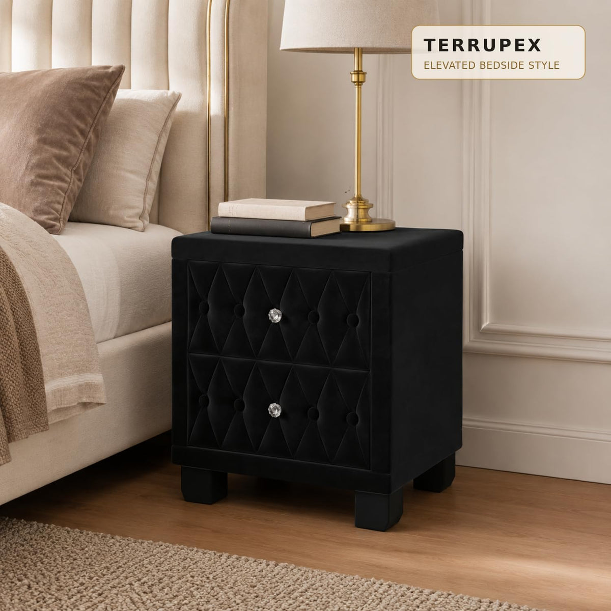 Bedside Table Nightstand with 2 Drawers, Velvet Button-Tufted Night Stand with Crystal Handle, Beige Storage End Table for Bedroom Living Room, Sturdy Small Nightstand with Wood Frame (Black)