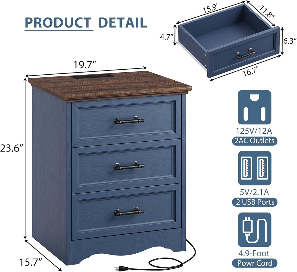 Farmhouse Nightstand with Charging Station, Blue Wood Bedside Table & End...