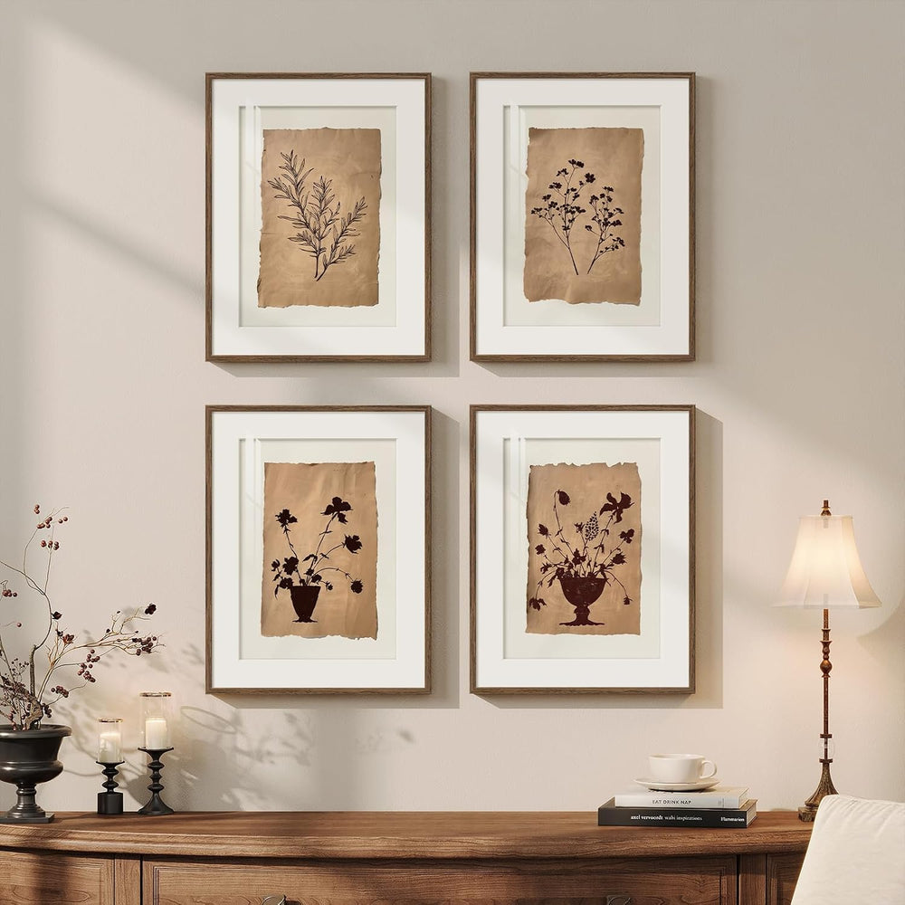 Framed Vintage Botanical Plant Wall Art for Bathroom, 11x14 In 4 Piece