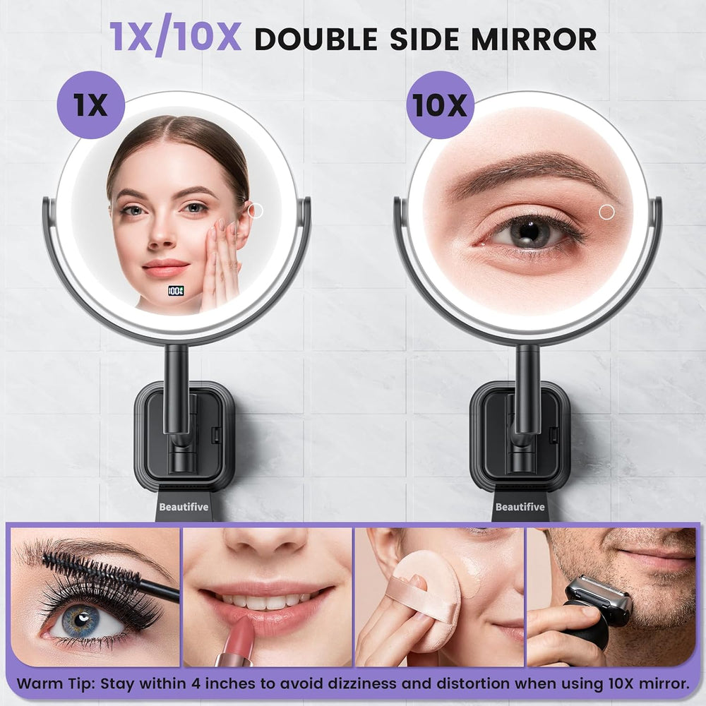 7" Rechargable Wall Mounted Lighted Makeup Mirror with 1X/10X Magnification