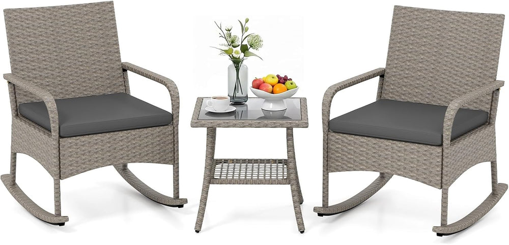 Tangkula 3-Piece Outdoor Wicker Rocking Bistro Set with 2-Tier Coffee Table