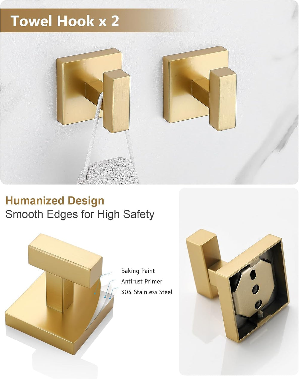 Brushed Gold Bathroom Accessories, Toilet Paper Holder, Towel Ring & Hooks