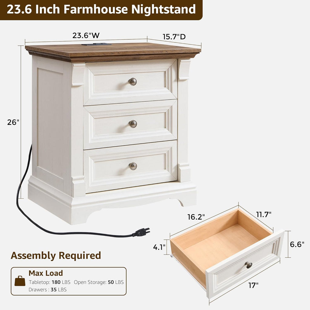 Farmhouse 26" Tall Nightstand with Charging Station 23.6"W Wood Side Table