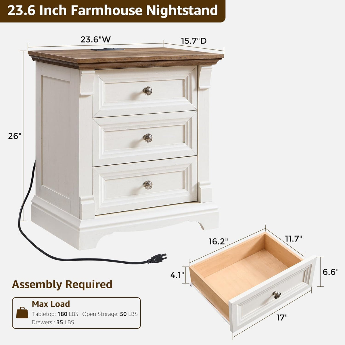 Farmhouse 26" Tall Nightstand with Charging Station 23.6"W Wood Side Table