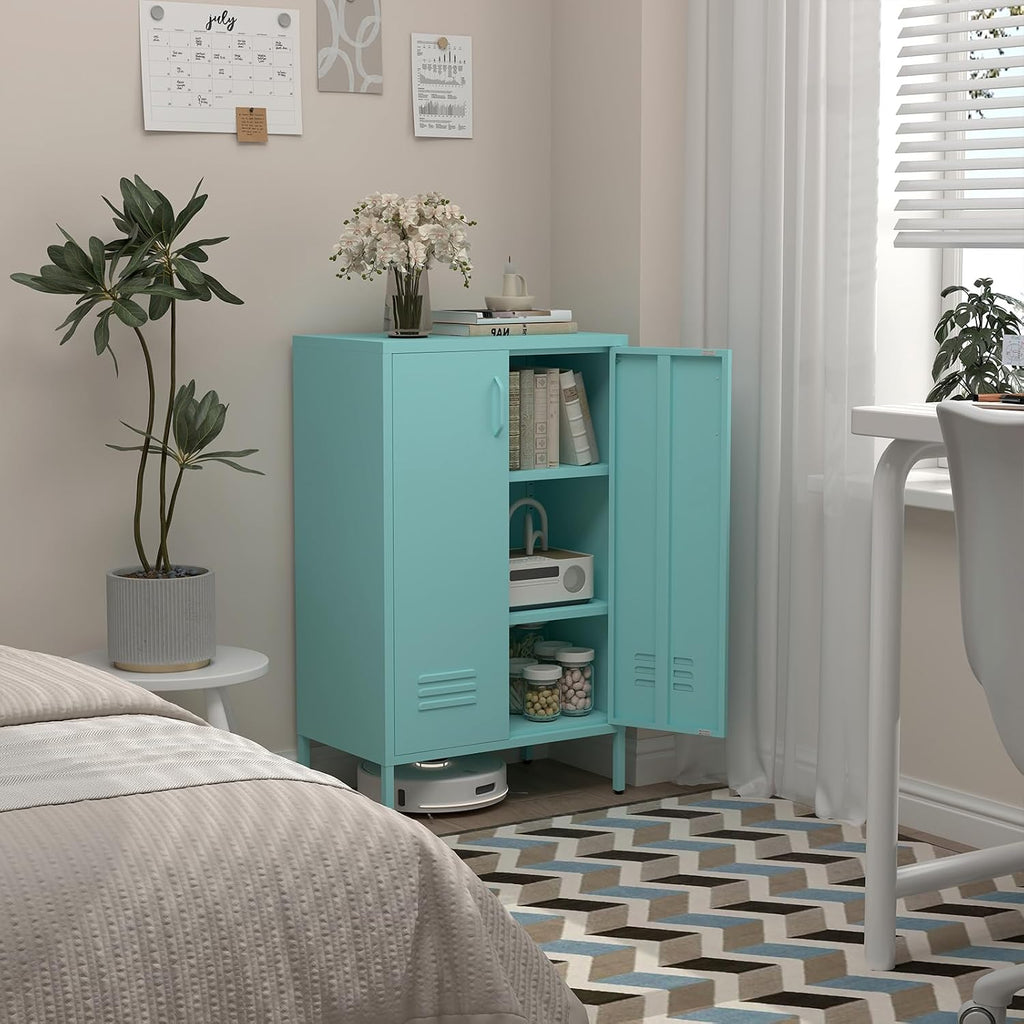 IRONFFICE Metal Accent Cabinet, Steel Cabinet Organizers and Storage, Metal Cabinet with Adjustable Shelves, 2 Doors Storage Cabinet for Living Room, Hallway, Office, Blue