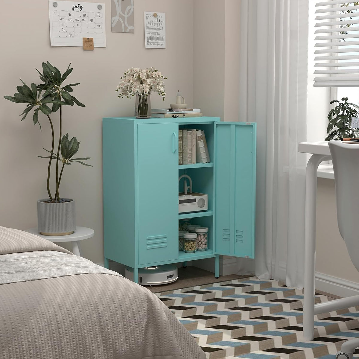 IRONFFICE Metal Accent Cabinet, Steel Cabinet Organizers and Storage, Metal Cabinet with Adjustable Shelves, 2 Doors Storage Cabinet for Living Room, Hallway, Office, Blue