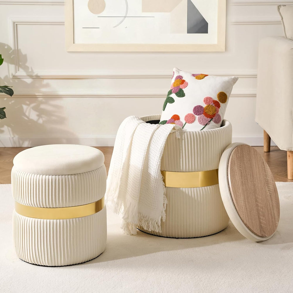 Round Ottoman with Storage Set of 2 White Velvet Vanity Stool