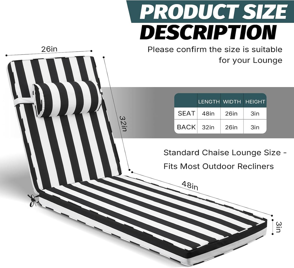 Outdoor Chaise Lounge Cushion with Headrest, 80x26x3 in, 2Pack
