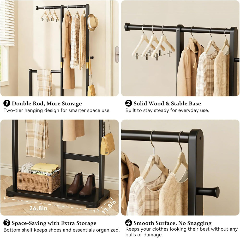 Solid Wood Coat Rack, Freestanding Standing Clothes Rack with Double Hanging ...