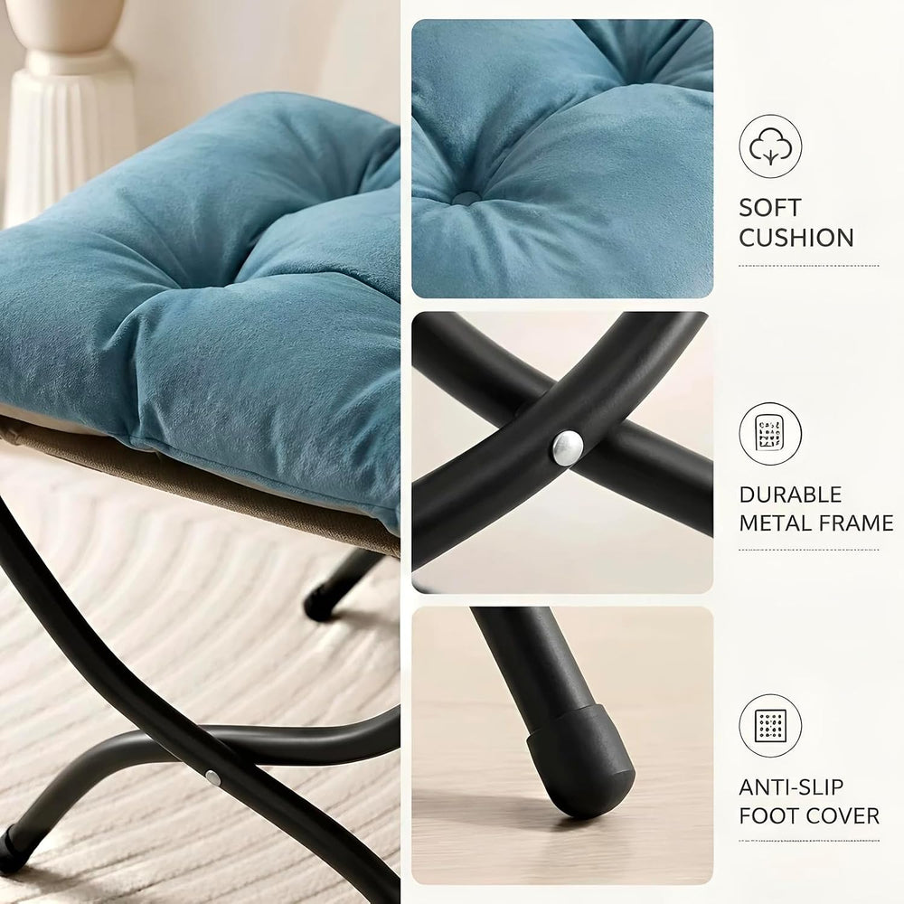 15" Upholstered Folding Foot Rest Stool with Foldable Metal Frame Blue