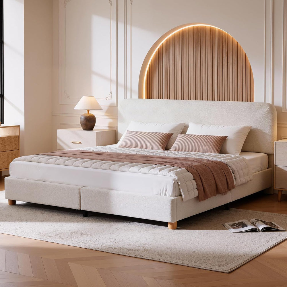 King Size Cloud Bed Frame, Boucle Wood Upholstered Platform Bed, Cream