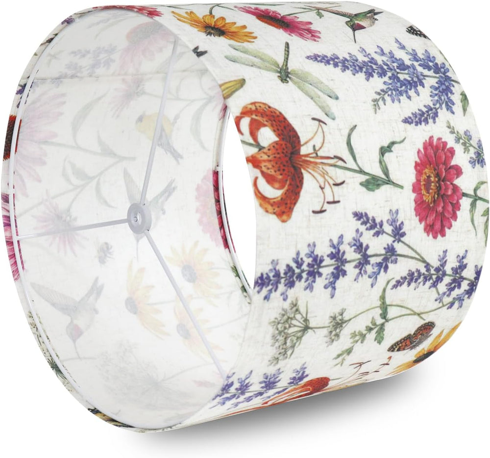Drum Lampshades, Print Floral Linen Lamp Shade with White Frame