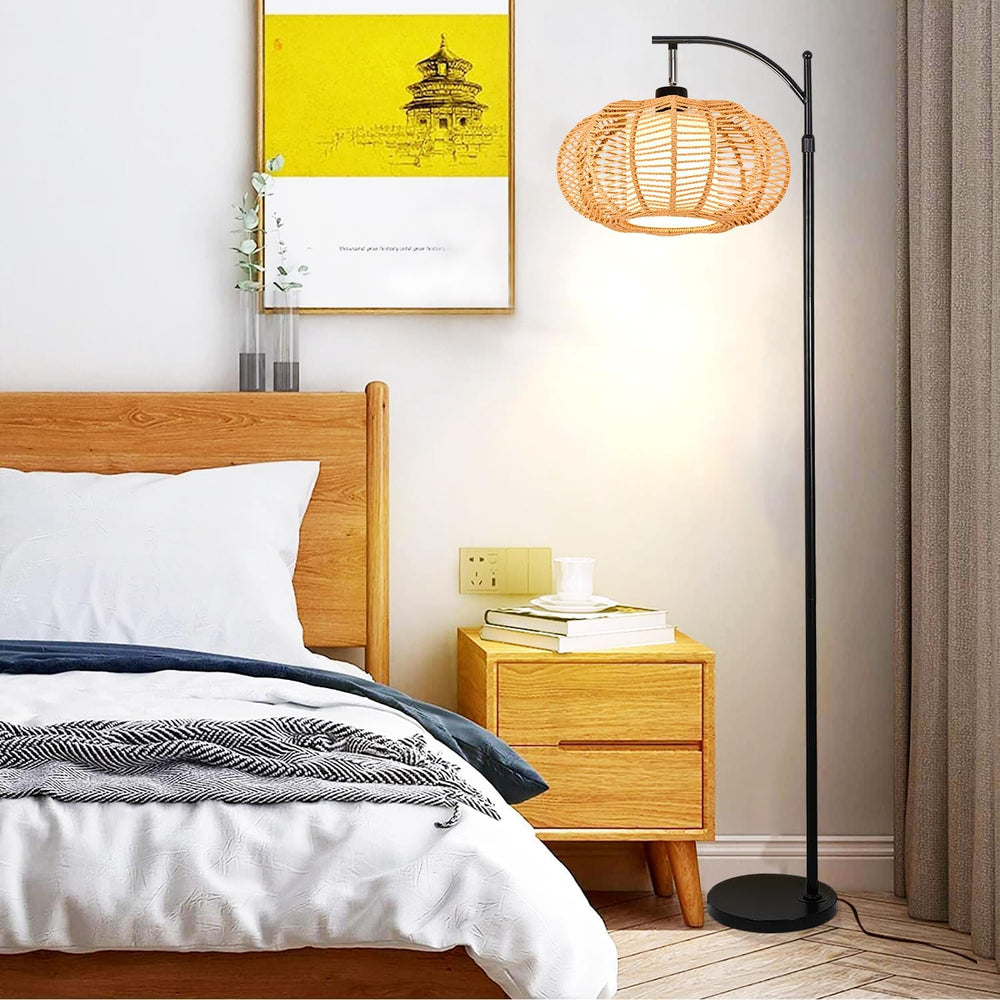 ZECOXOL Arc Floor Lamps for Living Room Bedroom Rattan Boho Floor Lamp with R...