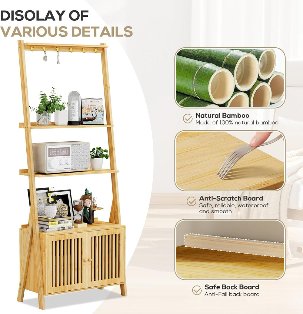 Bookshelf with Drawers, 4-Tier Bamboo Bookcase Ladder Shelf with 6 Hooks