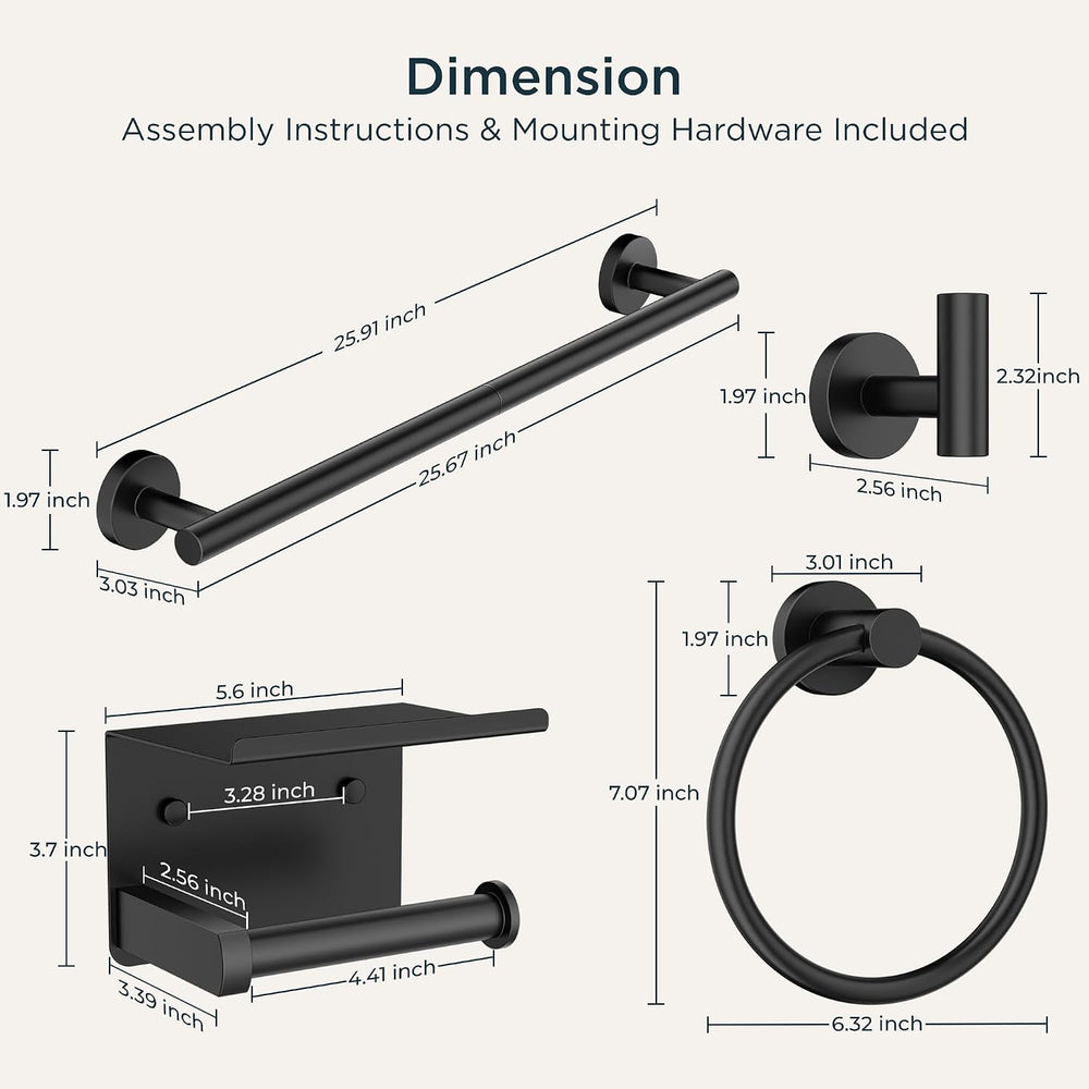 FORIOUS Bathroom Accessories, 5-Piece Bathroom Hardware Set - 24" Towel Bar