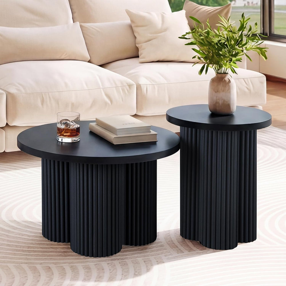 Nesting Coffee Tables Set of 2 Fluted Round Coffee Table(Black)