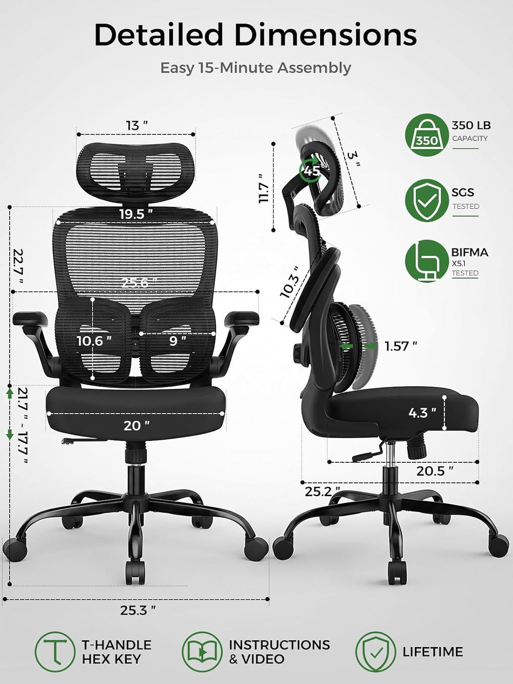 Ergonomic Office Desk Chair, Adjustable Dual Lumbar Support & Thick Seat